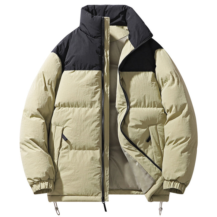 Men's Padded Quilted Jacket with High Collar, Drawstring Hem and Contrast Panel Mune Fashion