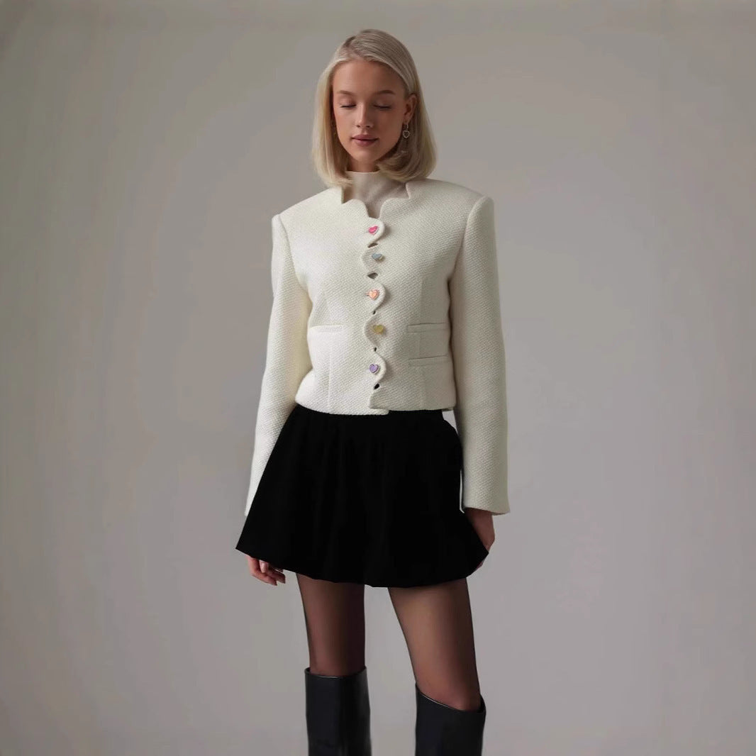 Women's Tailored Boucle Short Blazer with Curved Button Placket and Heart Buttons Mune Fashion