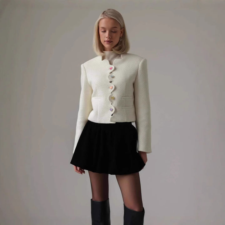 Women's Tailored Boucle Short Blazer with Curved Button Placket and Heart Buttons Mune Fashion