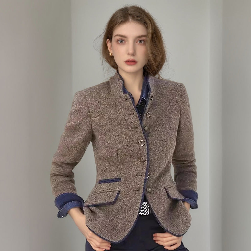 Women's Short Blazer with Stand Collar and Velvet Trim Mune Fashion