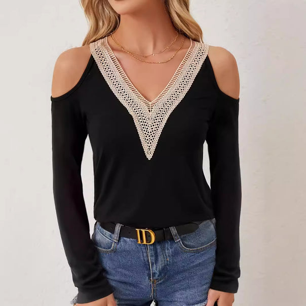 Women's long sleeve shirt with open shoulders and crocheted V-lace trim Mune Fashion