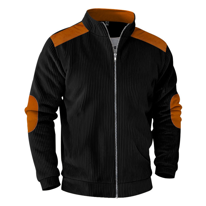 Men's ribbed stand-up collar sweat jacket with full zip, shoulder and elbow patches Mune Fashion