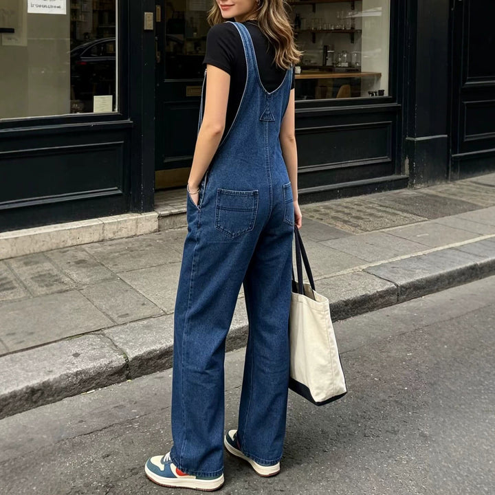 Women's wide denim overalls with high waist, adjustable straps and casual flared legs Mune Fashion