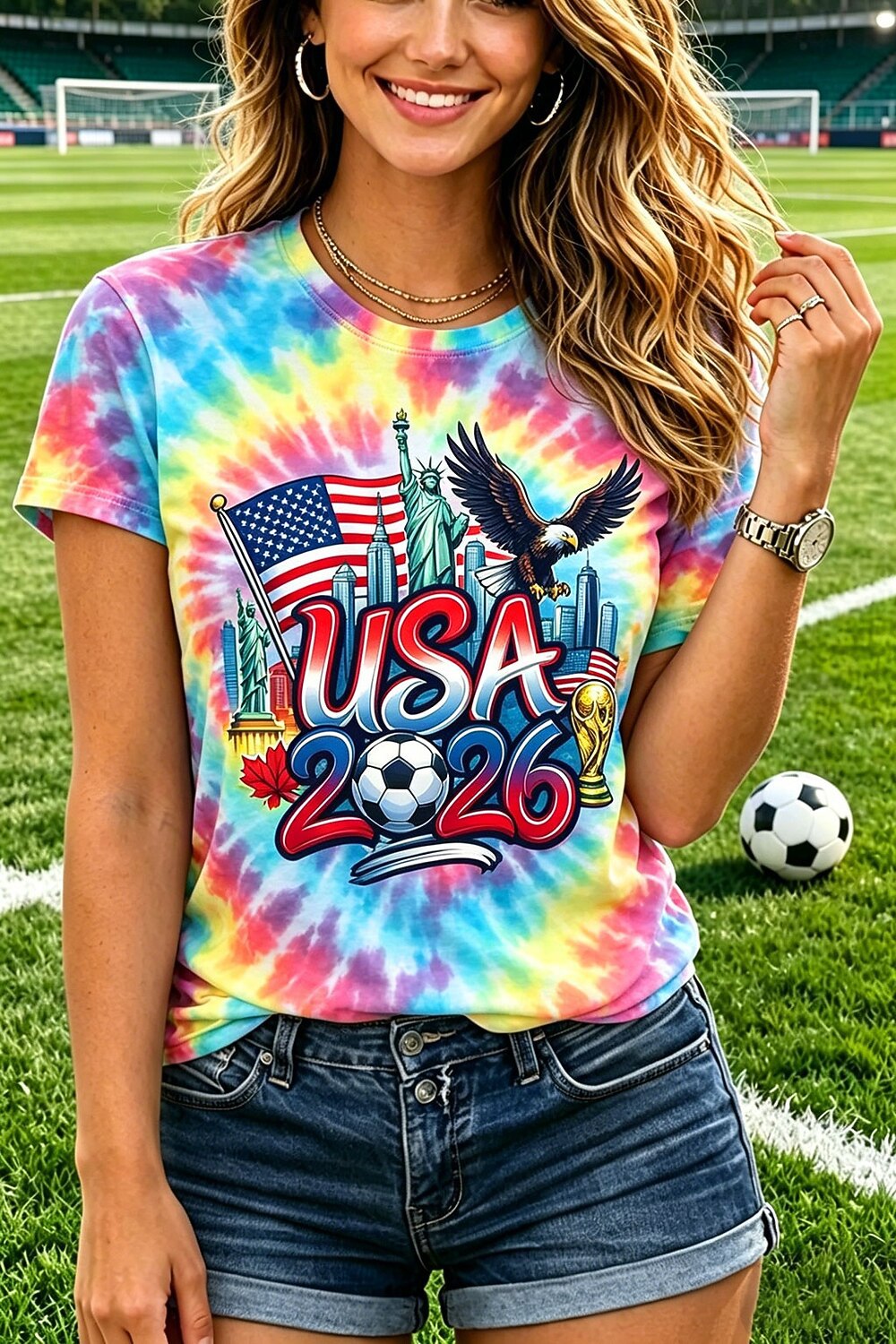 Women's Batik T-Shirt with large USA tournament soccer print and relaxed fit Mune Fashion