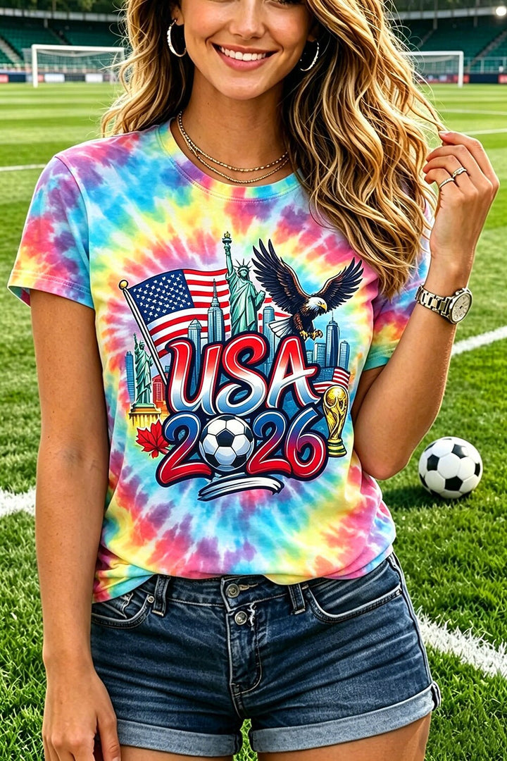 Women's Batik T-Shirt with large USA tournament soccer print and relaxed fit Mune Fashion