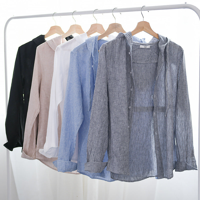 Men's Lightweight Hoodie Shirt made of Linen-Cotton Blend with Fine Stripe Structure Mune Fashion