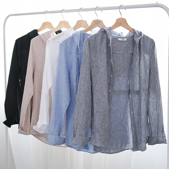 Men's Lightweight Hoodie Shirt made of Linen-Cotton Blend with Fine Stripe Structure Mune Fashion