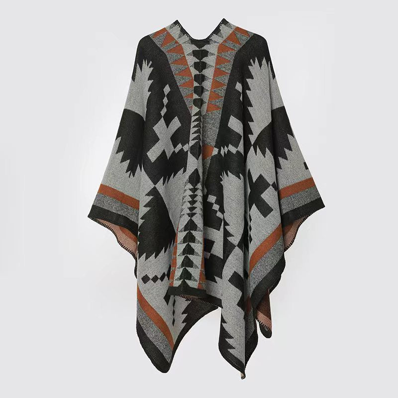 Women's Woven Jacquard Poncho in Oversized Cape with Ethno-Geometric Pattern Mune Fashion