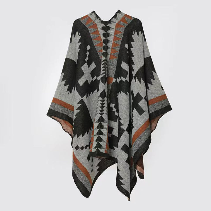 Women's Woven Jacquard Poncho in Oversized Cape with Ethno-Geometric Pattern Mune Fashion