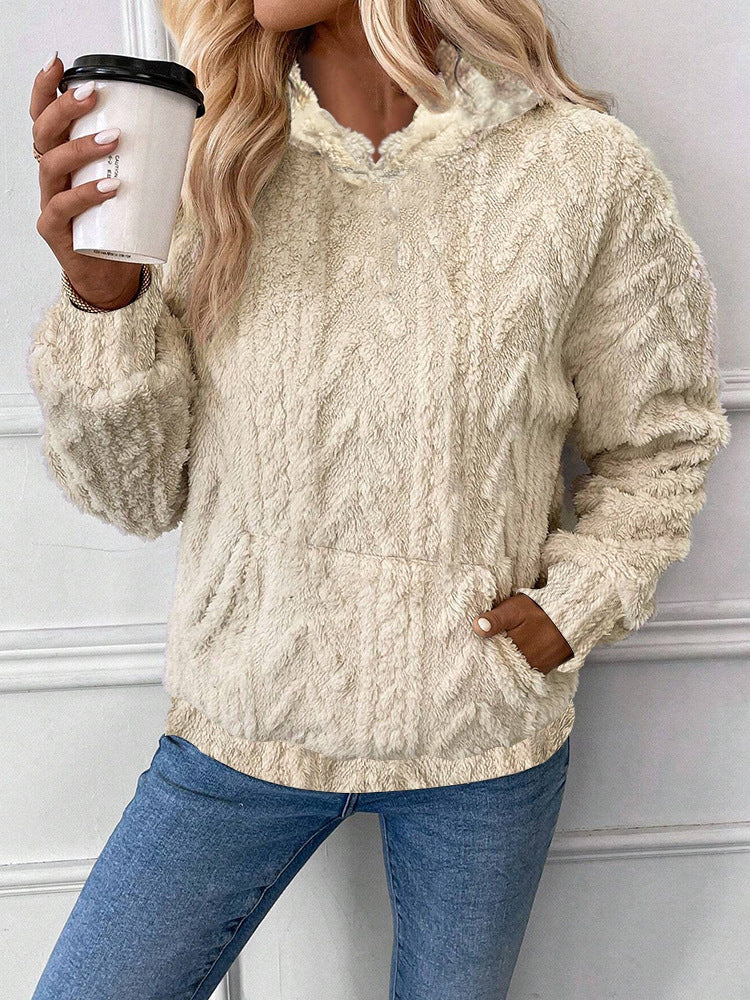 Women's cozy teddy fleece pullover with kangaroo pocket and light stand-up collar Mune Fashion