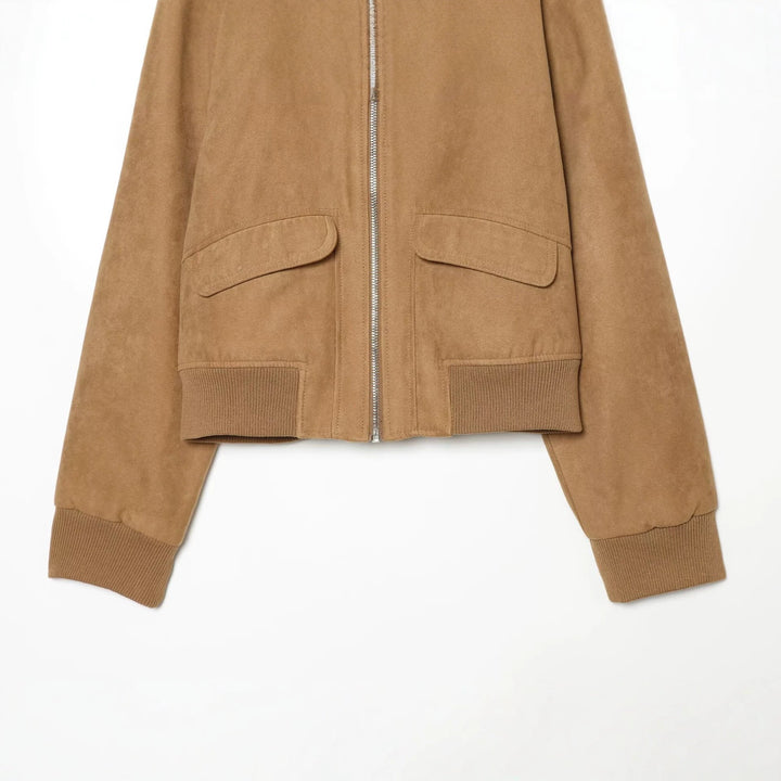 Women's Short Jacket in Suede Look Bomber with Zipper, Flap Pockets and Ribbed Cuffs Mune Fashion