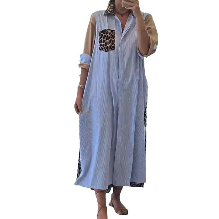 Women's shirt dress in print mix with leopard print side inserts, pinstripe yoke and roll-up sleeves Mune Fashion