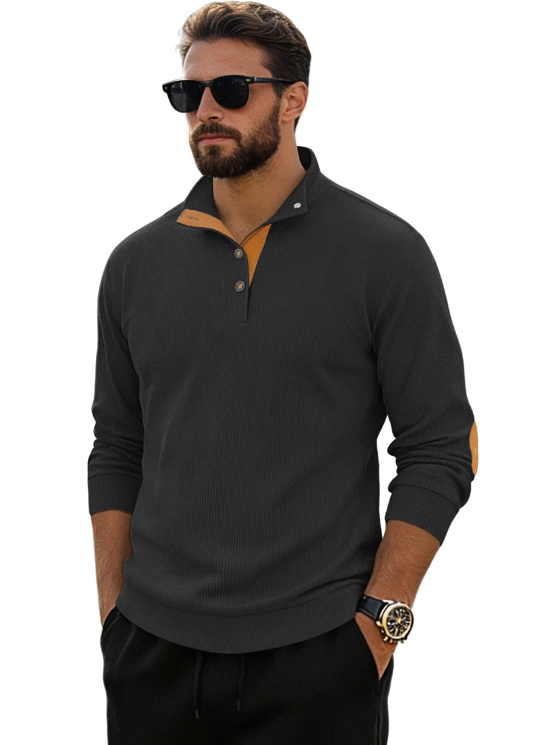 Men's fine ribbed knitted pullover with polo collar button placket and elbow patch Mune Fashion