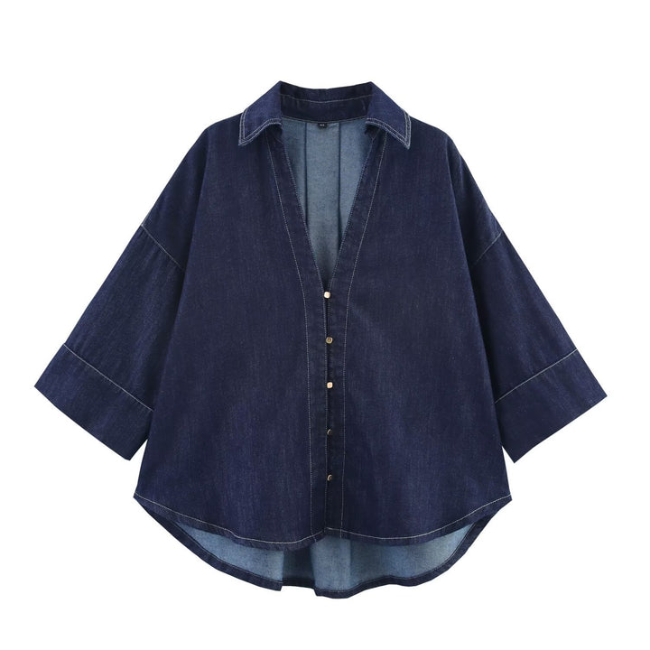 Women's Oversized Denim Shirt Jacket with Three-Quarter Sleeves and High-Low Hem Mune Fashion