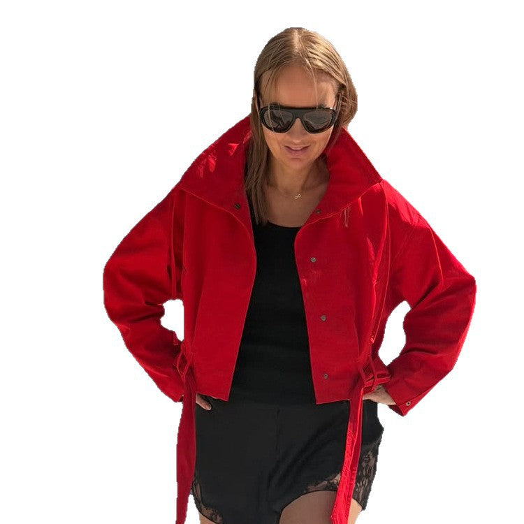 Women's Oversize Short Jacket with Waist Belt and Shirt Collar Mune Fashion
