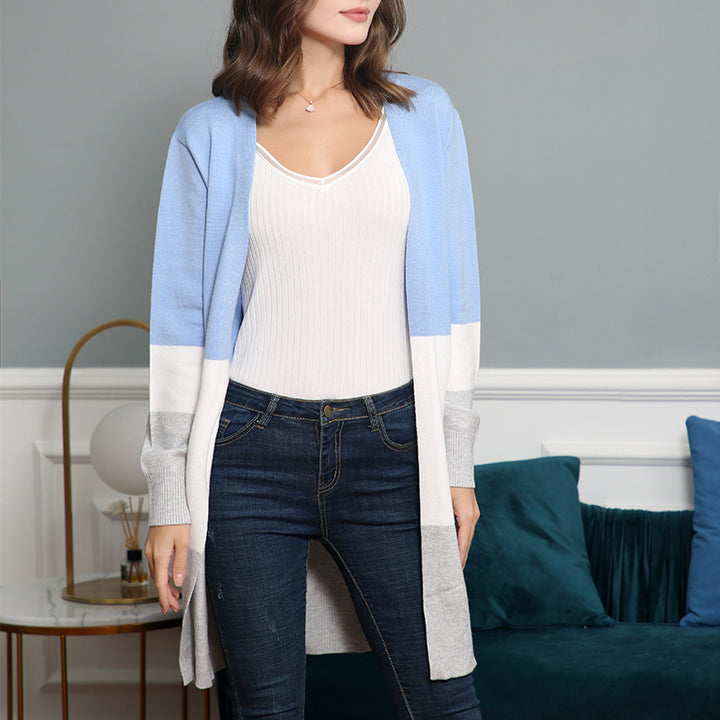 Women's long cardigan with color block design, open front and ribbed cuffs Mune Fashion
