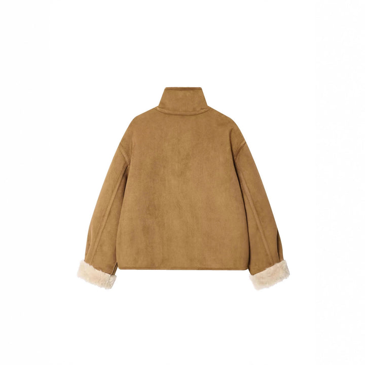 Women's short jacket in lambskin look with stand-up collar, patch pockets, and button placket Mune Fashion