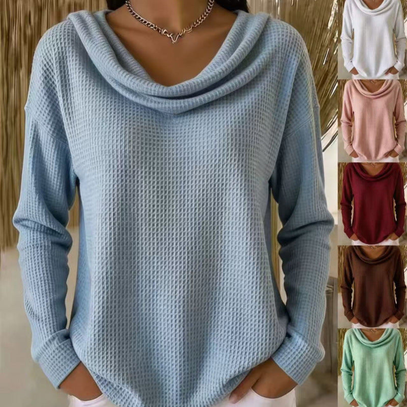 Women Casual Waffle Knit Sweater with Wide Waterfall Collar and Rounded Hem Mune Fashion
