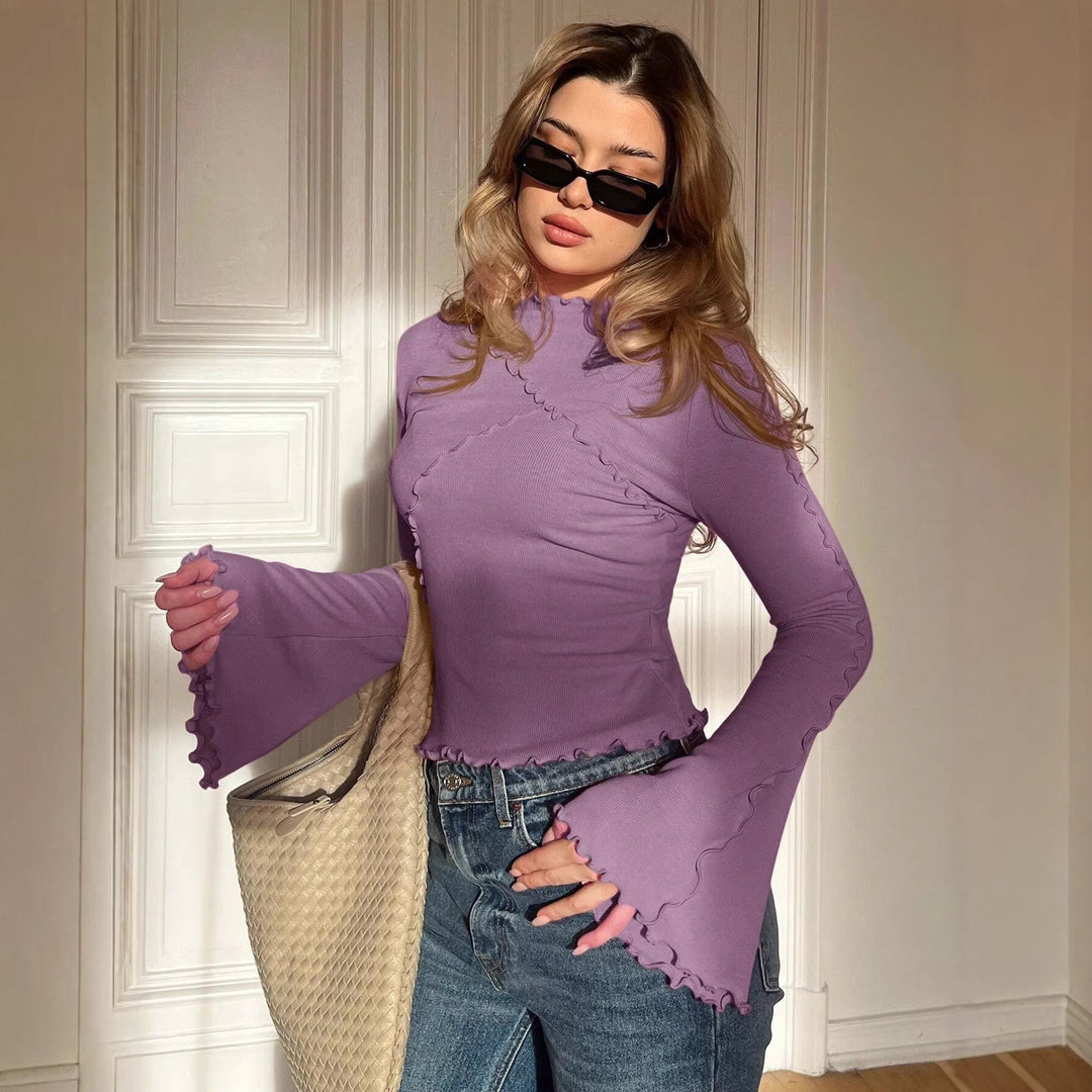 Women's Ribbed Long Sleeve Top with Ruffle Hem and Stand-Up Collar Mune Fashion
