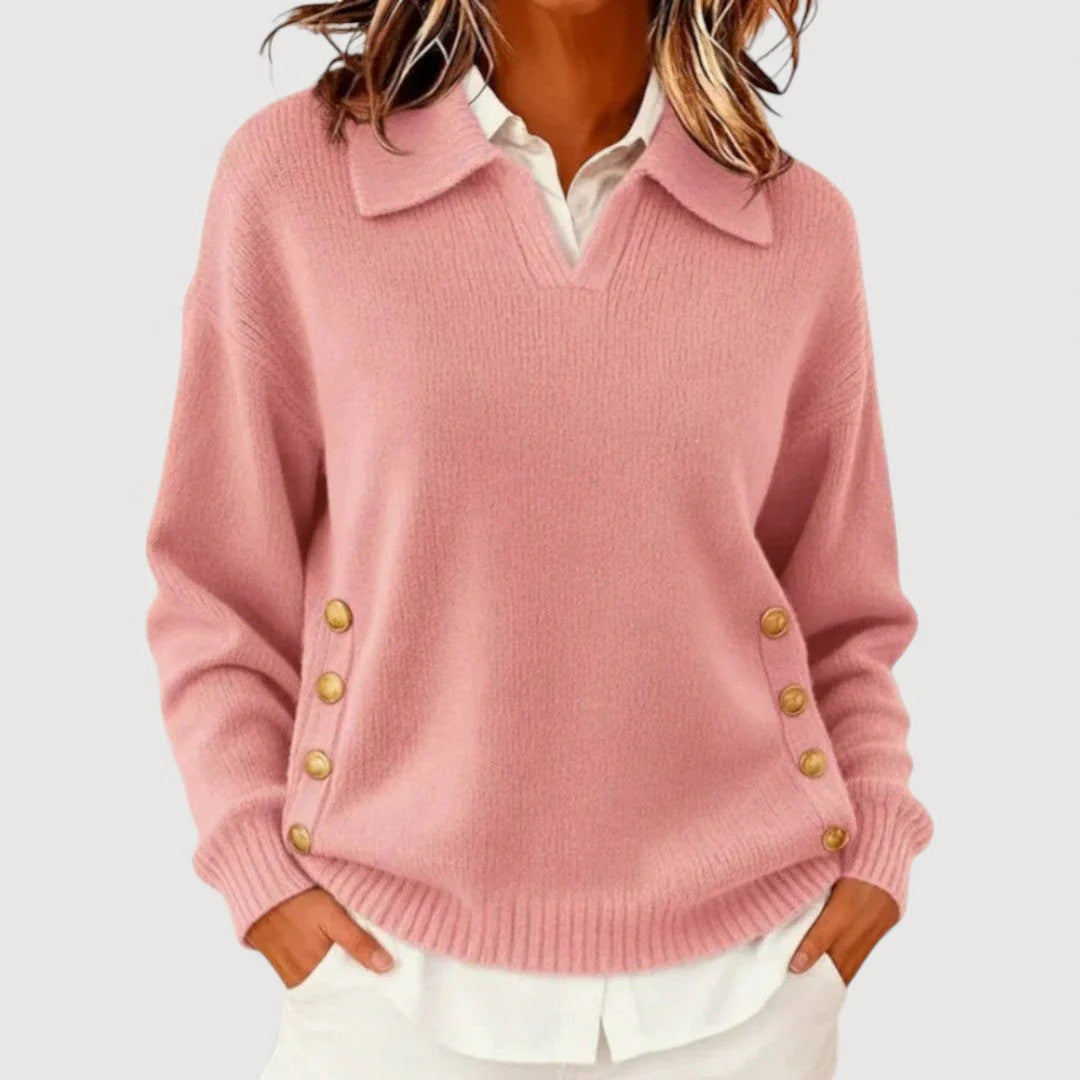 Women's Stylish Knitted Sweater with Collar and Button Details