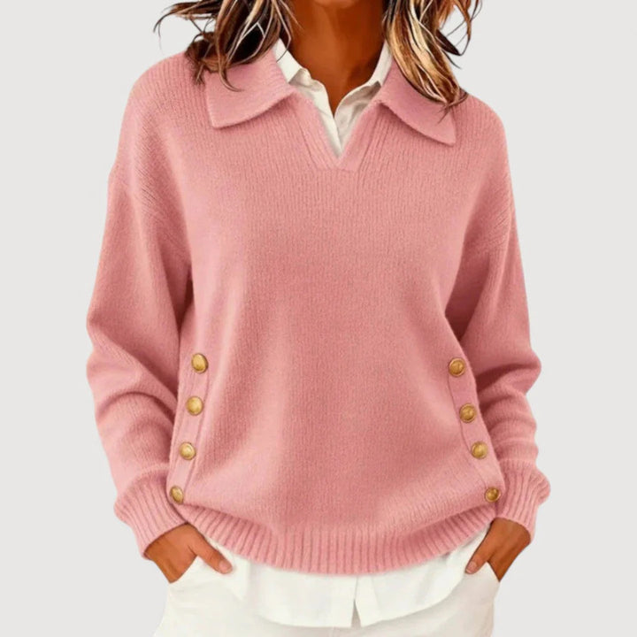 Women's Stylish Knitted Sweater with Collar and Button Details