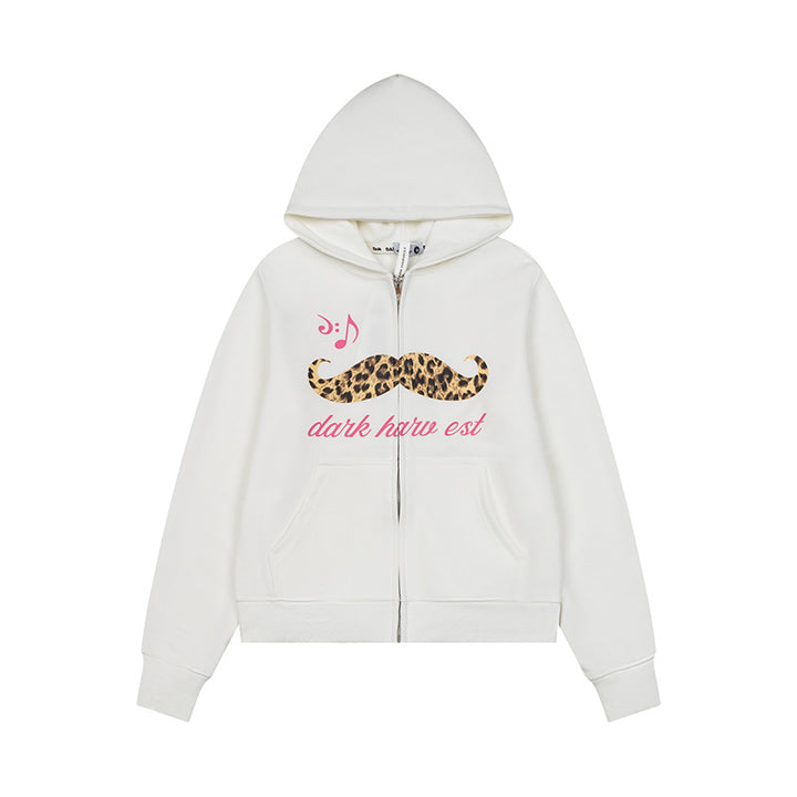 Women's hooded sweatshirt jacket with full zip, kangaroo pockets and playful leopard mustache print Mune Fashion