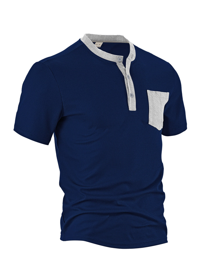 Men's breathable waffle henley shirt with stand-up collar, short button placket, and patch chest pocket Mune Fashion