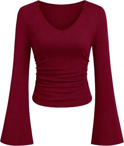 Women's Ribbed Crop Top with V-Neck, Tailored Gathering and Flared Trumpet Sleeves Mune Fashion