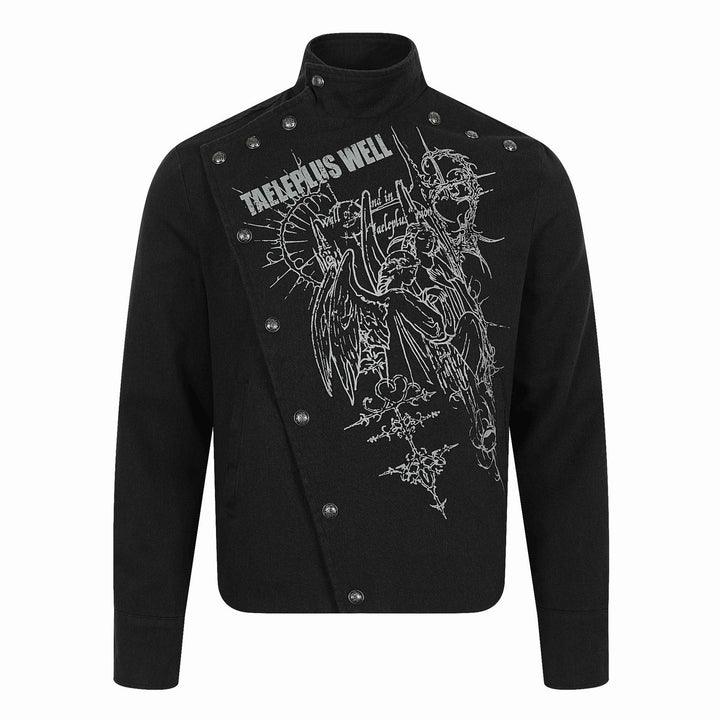 Men's Asymmetrical Blouson Jacket with Stand Collar, Metal Button Trim and Graphic Print Mune Fashion