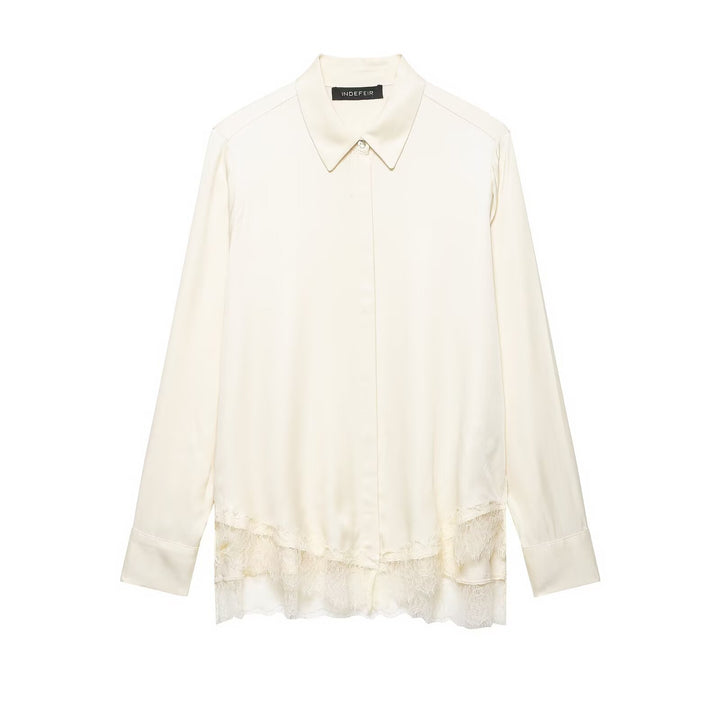 Ladies Silk-like Blouse with Concealed Button Placket and Lace Trim Mune Fashion