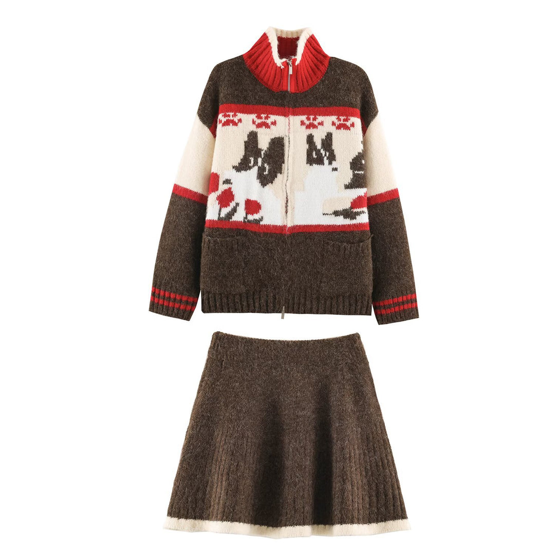 Women's Knit Two-Piece with Zipper Jacket and Flared Wool Blend Skirt Mune Fashion
