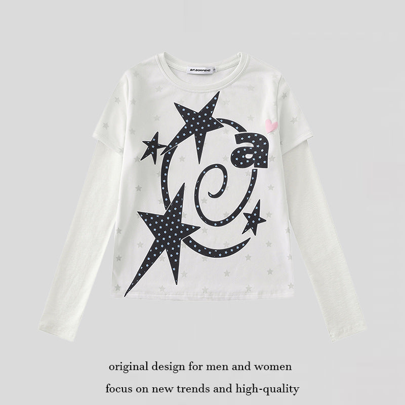 Women Two-Layer Long Sleeve Shirt with Stars Ornament and Heart Detail Mune Fashion