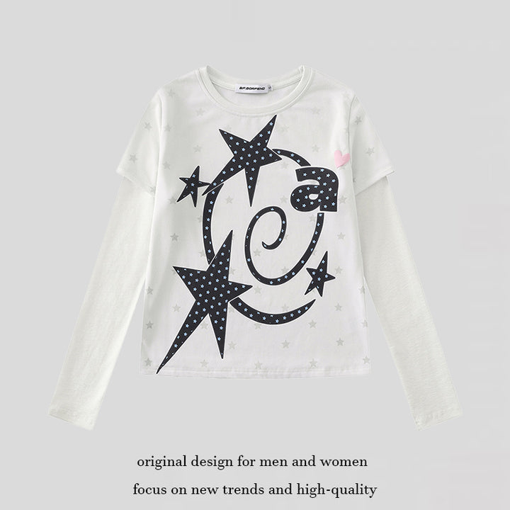 Women Two-Layer Long Sleeve Shirt with Stars Ornament and Heart Detail Mune Fashion