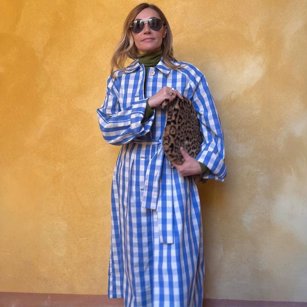 Women's long checkered coat with waist belt and shirt collar Mune Fashion