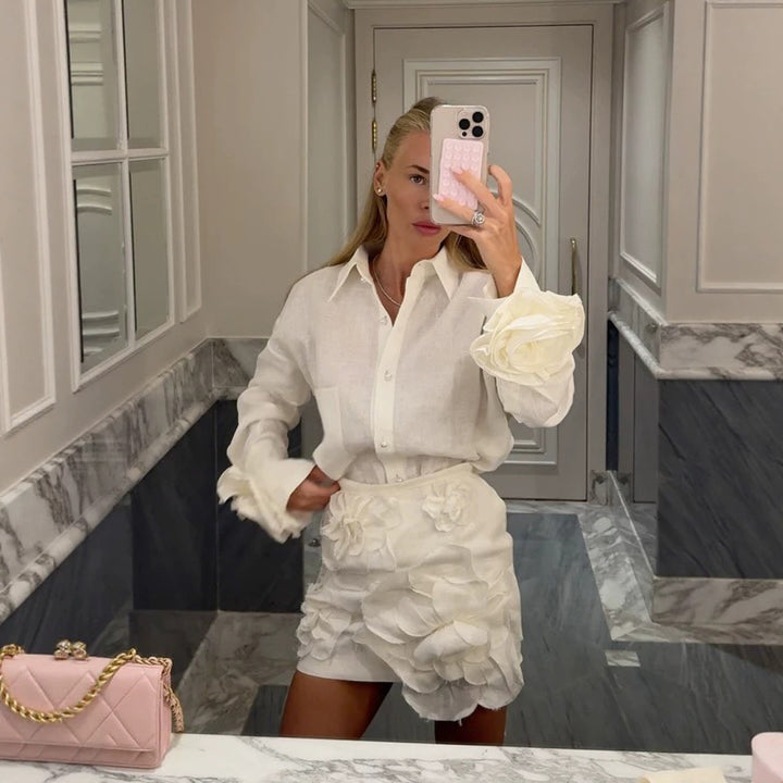 Women's Shirt Blouse-Mini Skirt Set with Voluminous 3D Rose Appliqués and Pearl Details Mune Fashion