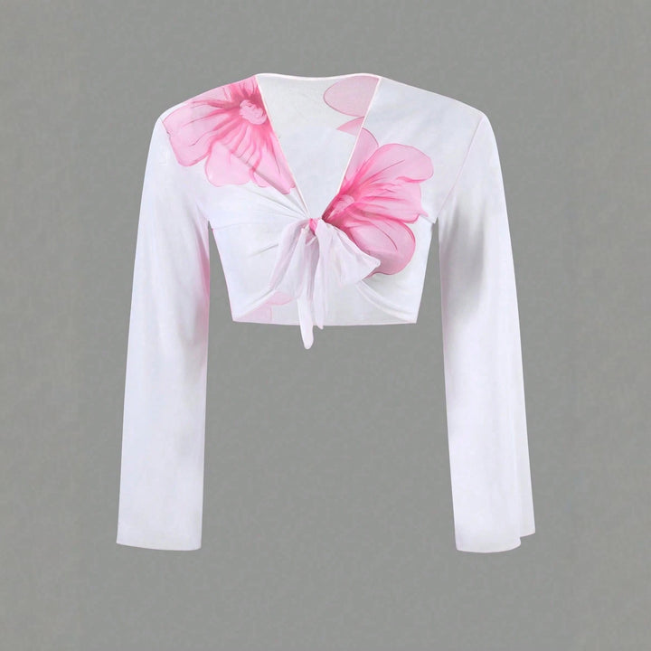 Women's bikini set with floral wrap cloth and long-sleeved top Mune Fashion