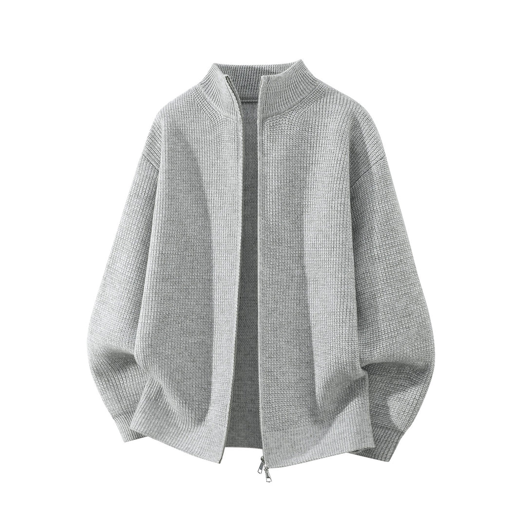 Men's Oversize Chunky Knit Zip Cardigan with Stand-Up Collar and Two-Way Zipper Mune Fashion