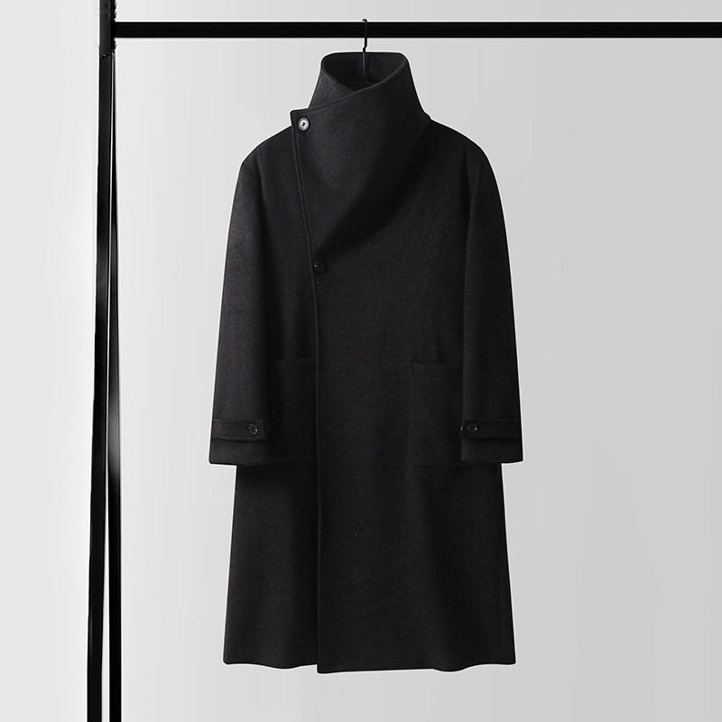 Men's Maxilength Wool Coat with High Stand-up Collar, Asymmetric Button Placket and Tied Belt Mune Fashion