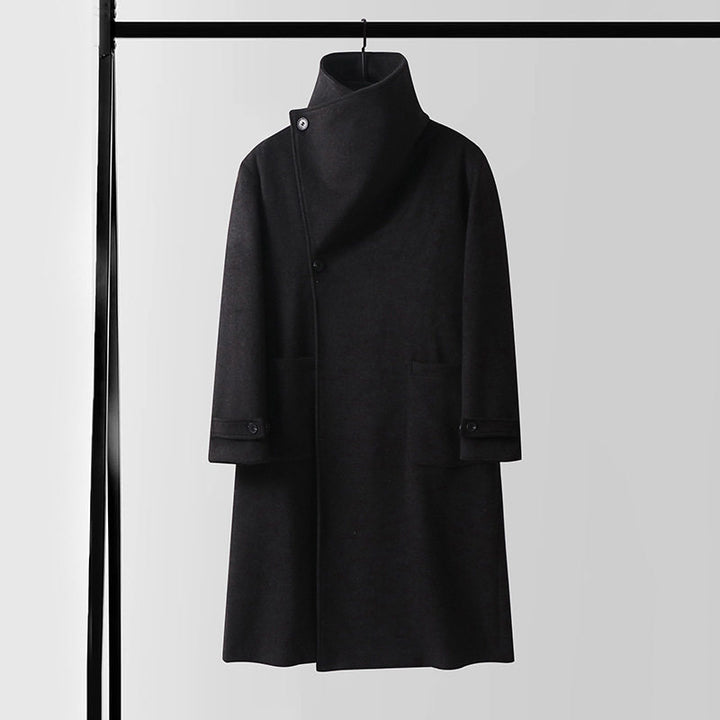 Men's Maxilength Wool Coat with High Stand-up Collar, Asymmetric Button Placket and Tied Belt Mune Fashion