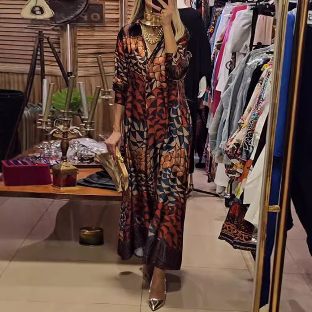 Women's flowing satin shirt dress with shirt collar, geometric mosaic print, and casual maxi length Mune Fashion