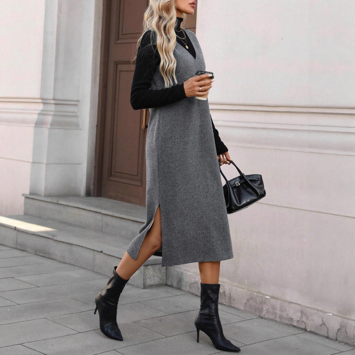 Women’s Sleeveless Wool Blend Midi Dress with Deep V-Neck and Straight Cut Mune Fashion