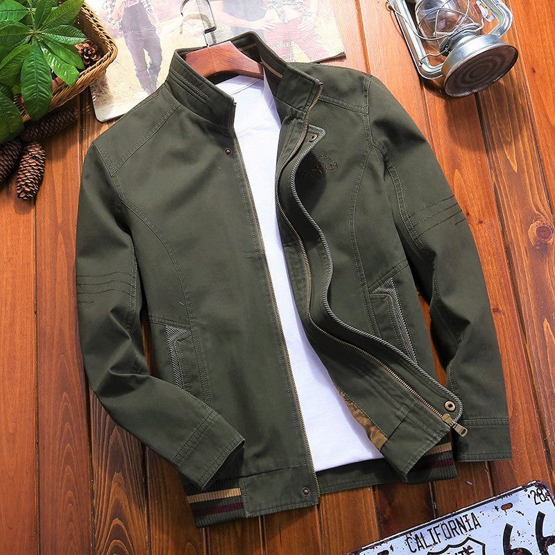 Men's canvas blouson with stand-up collar, camouflage lining and striped ribbed hem Mune Fashion