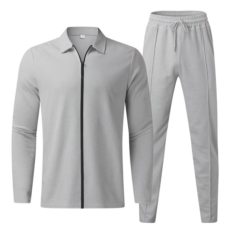 Men's casual waffle texture tracksuit with shirt collar, concealed zipper and drawstring pants Mune Fashion