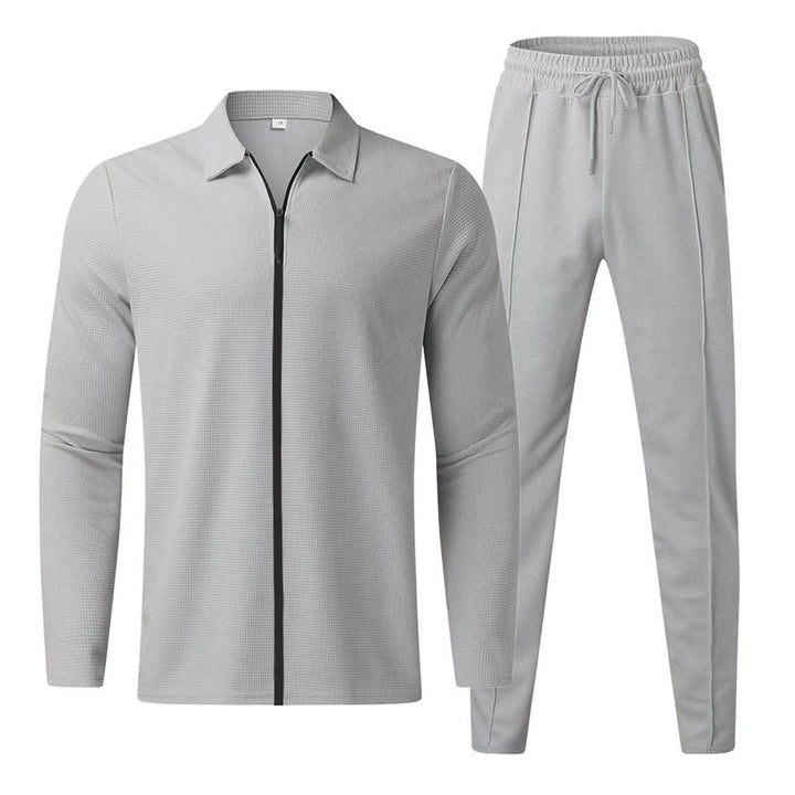Men's casual waffle texture tracksuit with shirt collar, concealed zipper and drawstring pants Mune Fashion