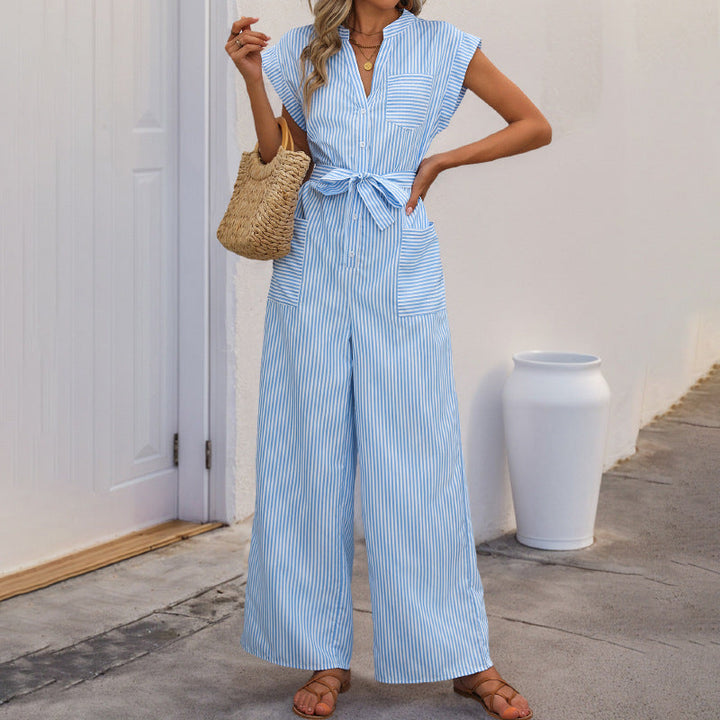 Women's Striped Jumpsuit with Wide Leg, Waist Belt and Shirt Blouse Detail