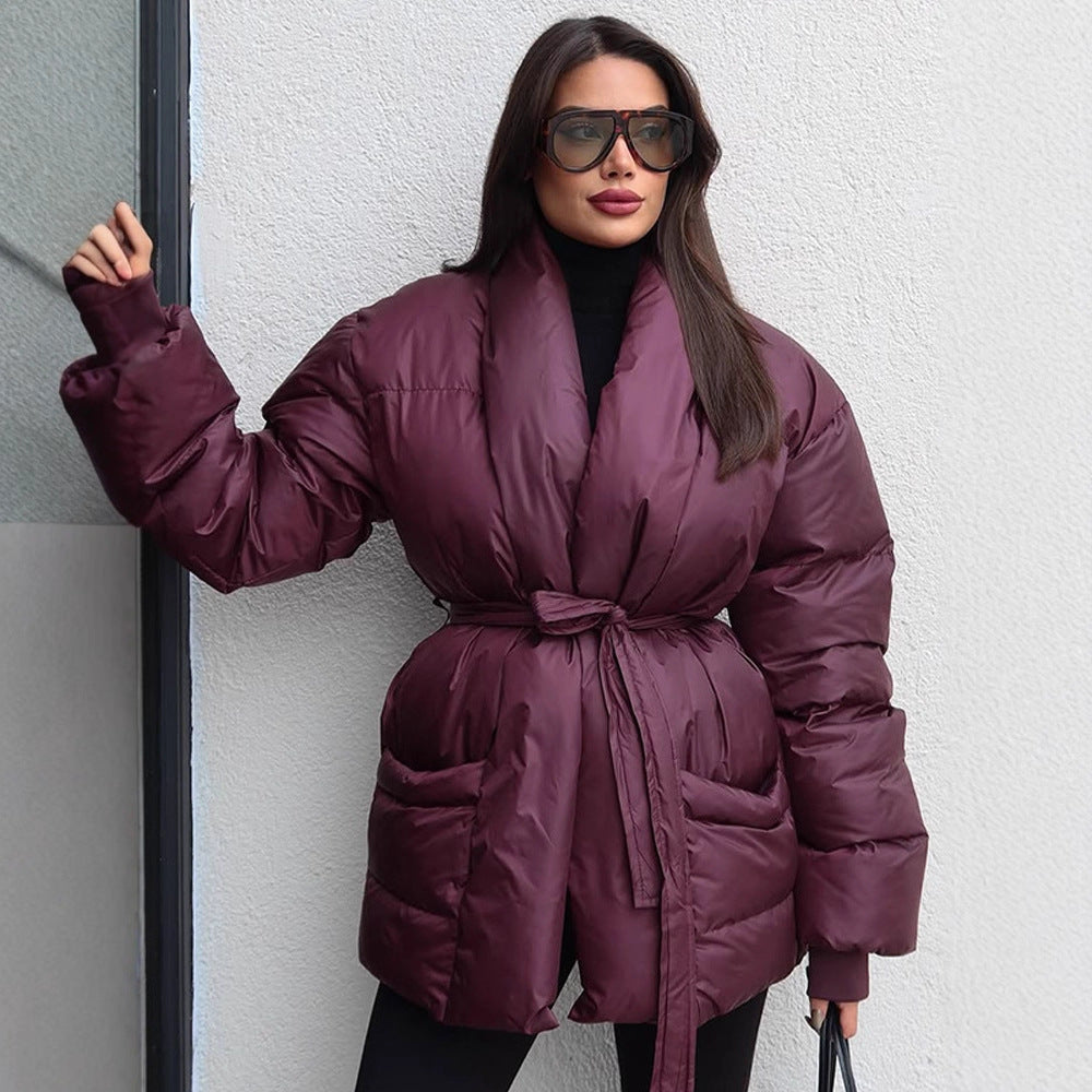Women's Quilted Tailored Quilted Jacket with Shawl Collar and Tie Belt Mune Fashion