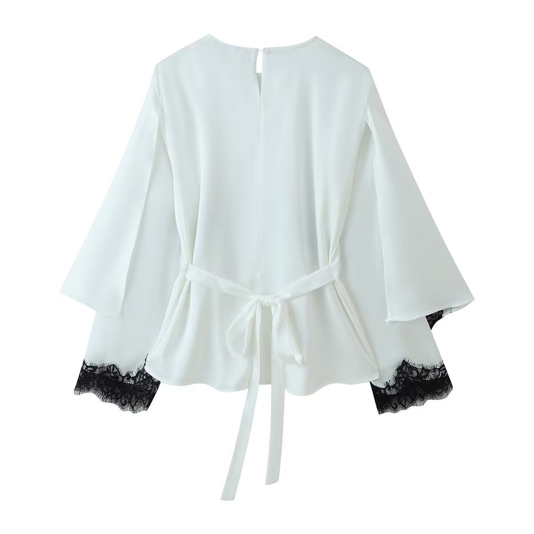 Women's elegant chiffon blouse with lace trim, wide kimono sleeves and tie belt.