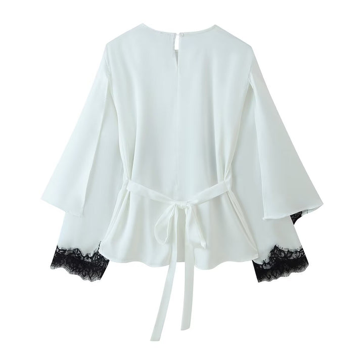 Women's elegant chiffon blouse with lace trim, wide kimono sleeves and tie belt.