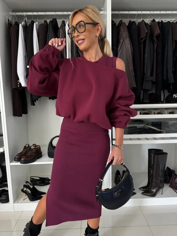 Women's Comfortable Sweatset with One-Shoulder Cutout and Tailored Midi Skirt Mune Fashion