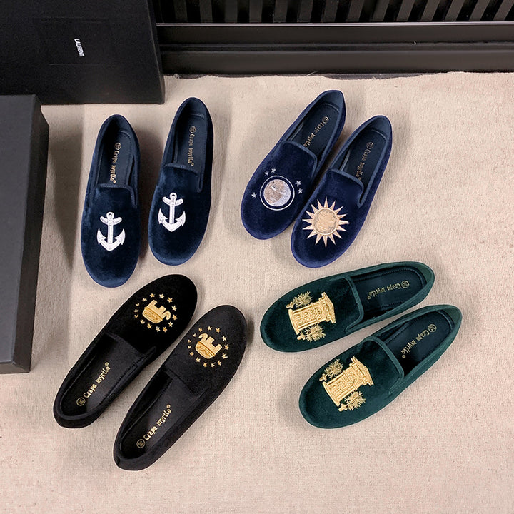 Ladies Velvet Slippers with Sun Embroidery and Gold Heel Cap Mune Fashion